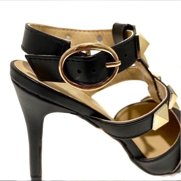 NICOLE MILLER Selty Black Gold Strap Studded Pointy Toe Heels Pumps - Picture 4 of 13